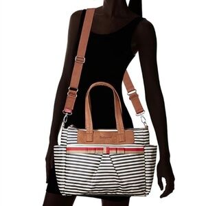 Babymel Cara British Chic Diaper Bag Navy Stripe with Faux Brown Leather Accents